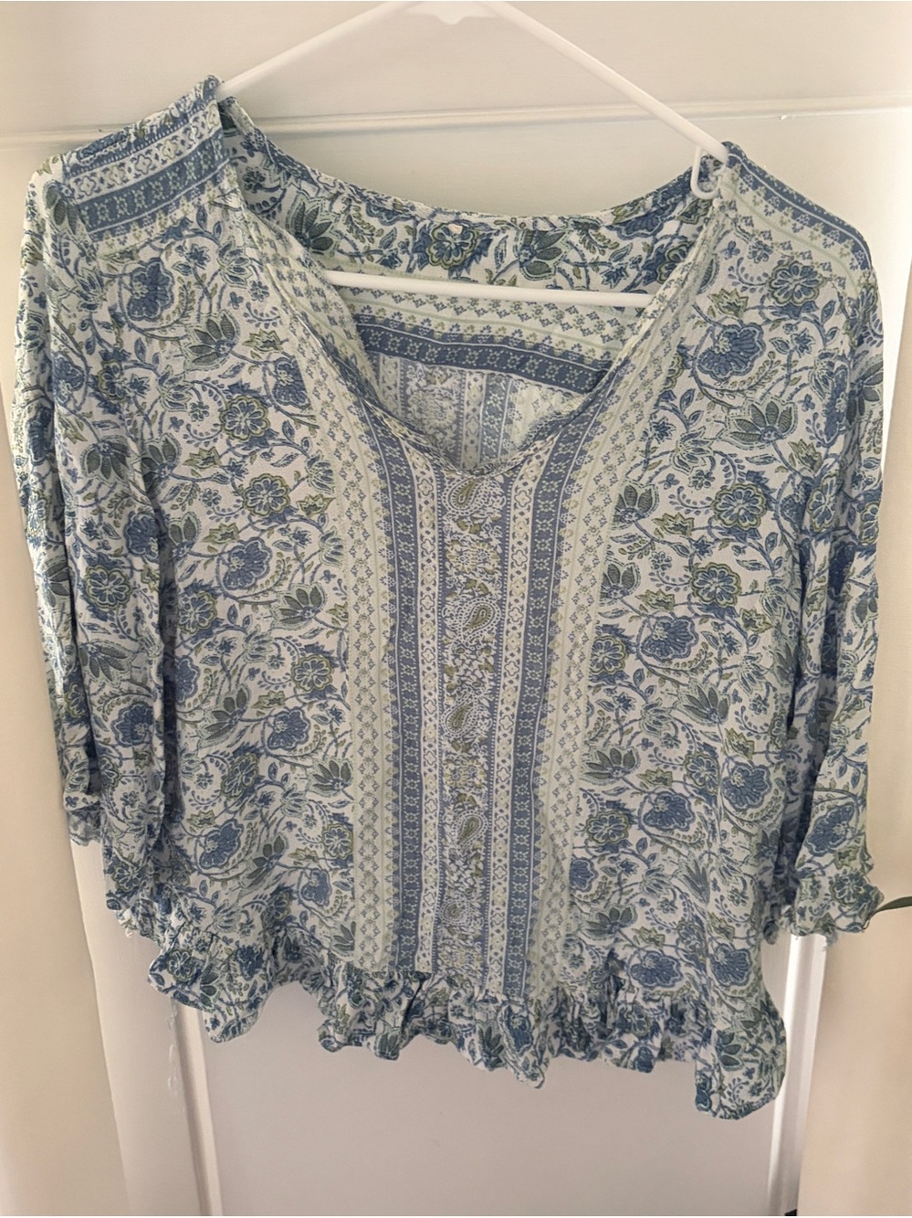 Blue Green Flowered 3/4 Sleeve Blouse Size M